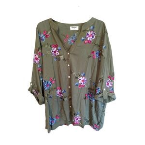 Anthropologie Kindred Plus Olive Green Floral Tunic Size 2X Spring Normcore